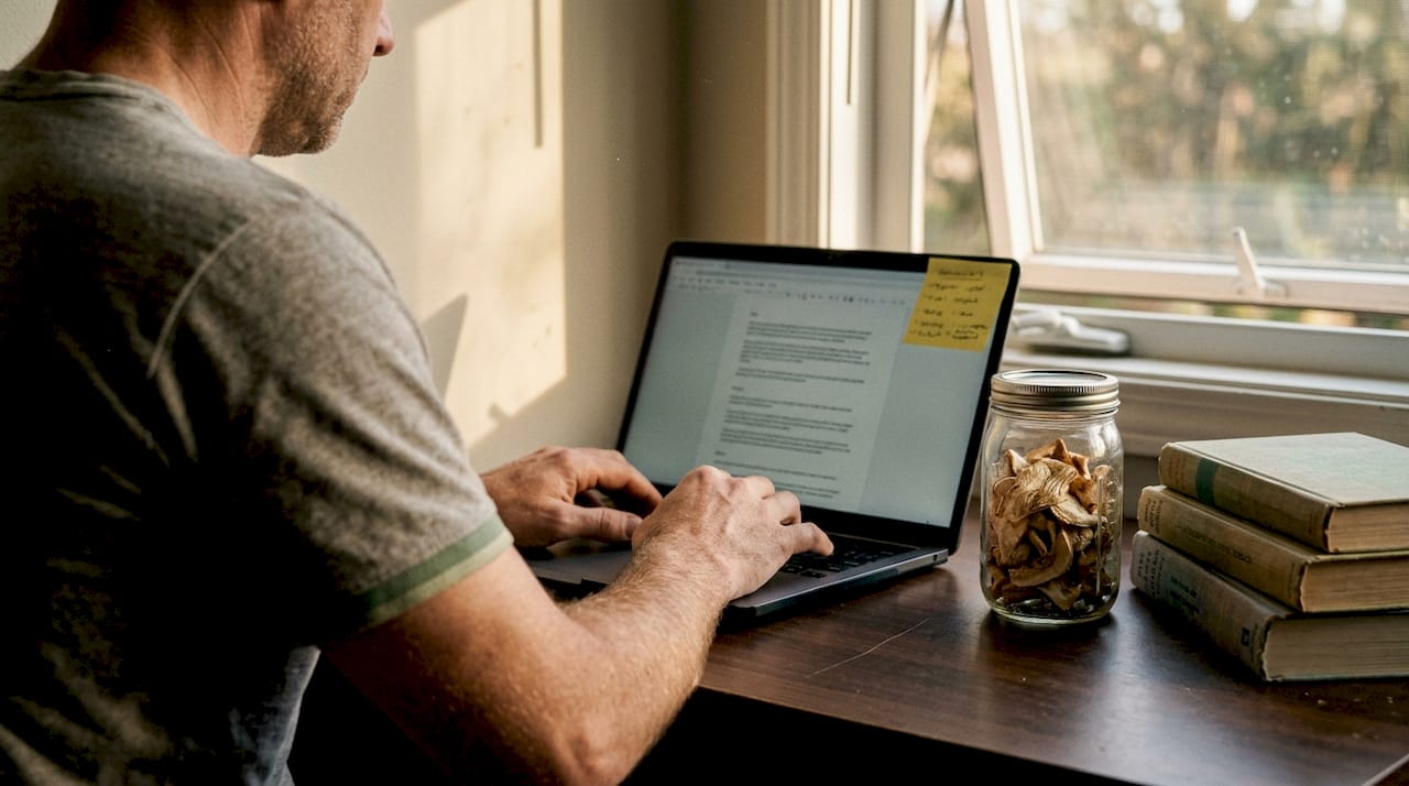 Man researching Lion's Mane mushroom desk
