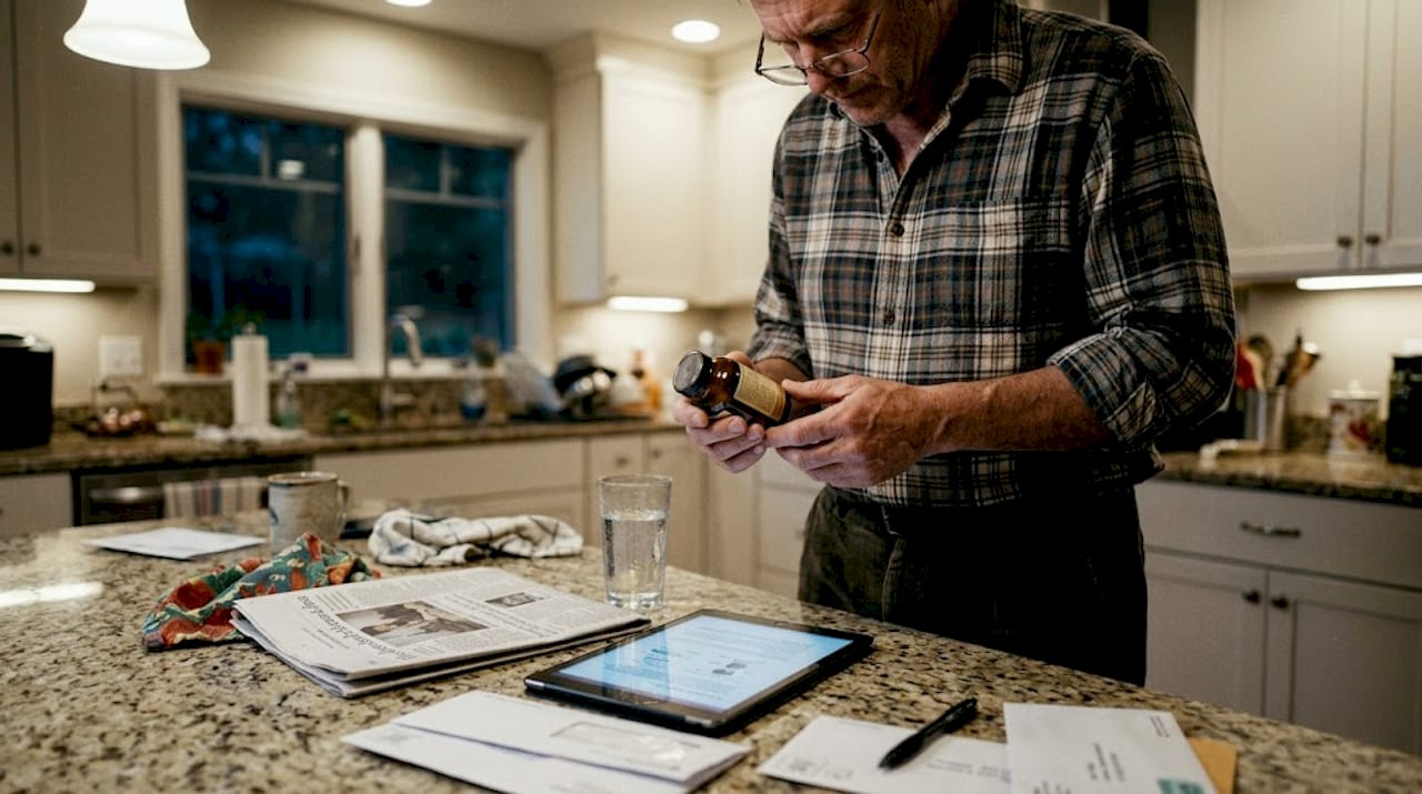 Man checking health supplement label in kitchen