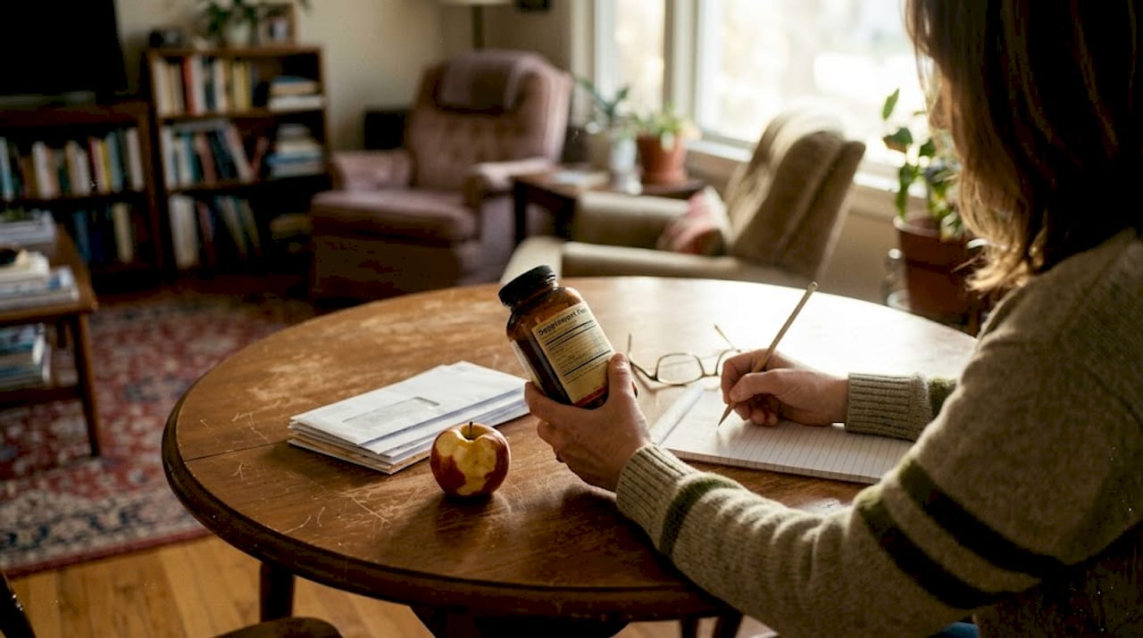 Woman reading mushroom supplement label
