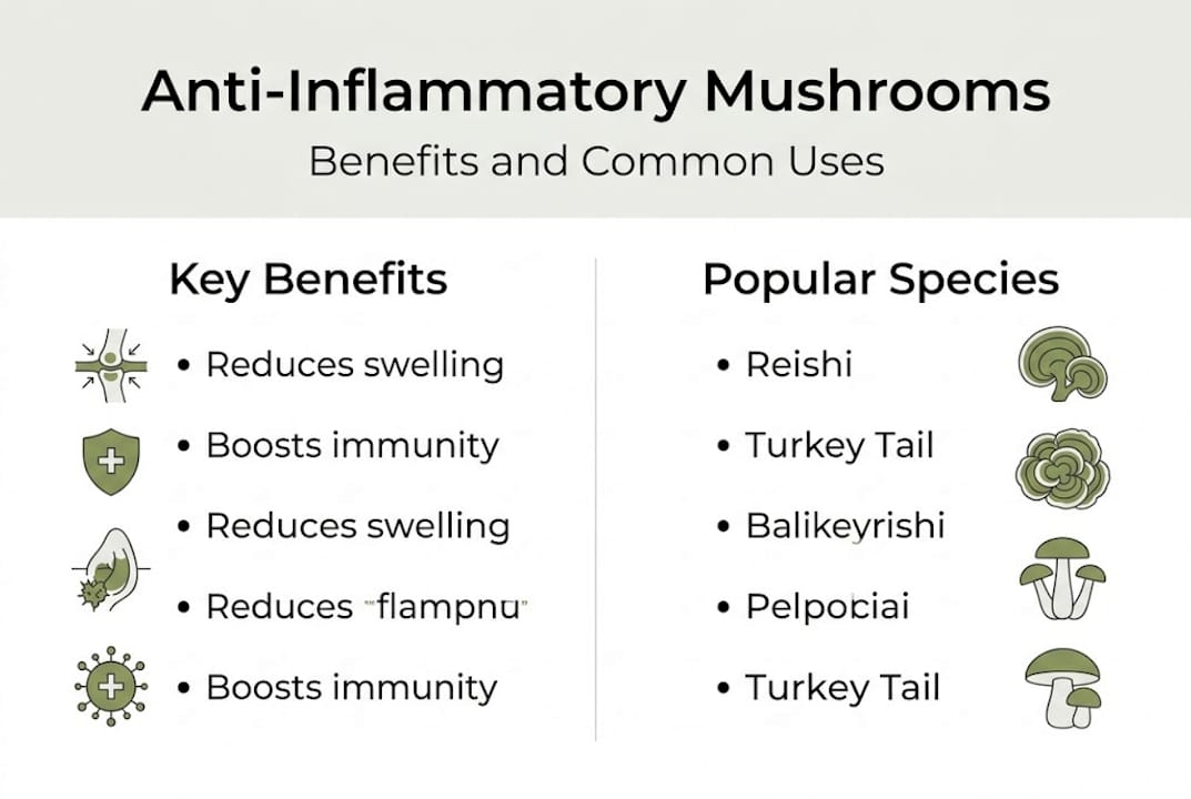 Infographic outlining anti-inflammatory mushroom benefits