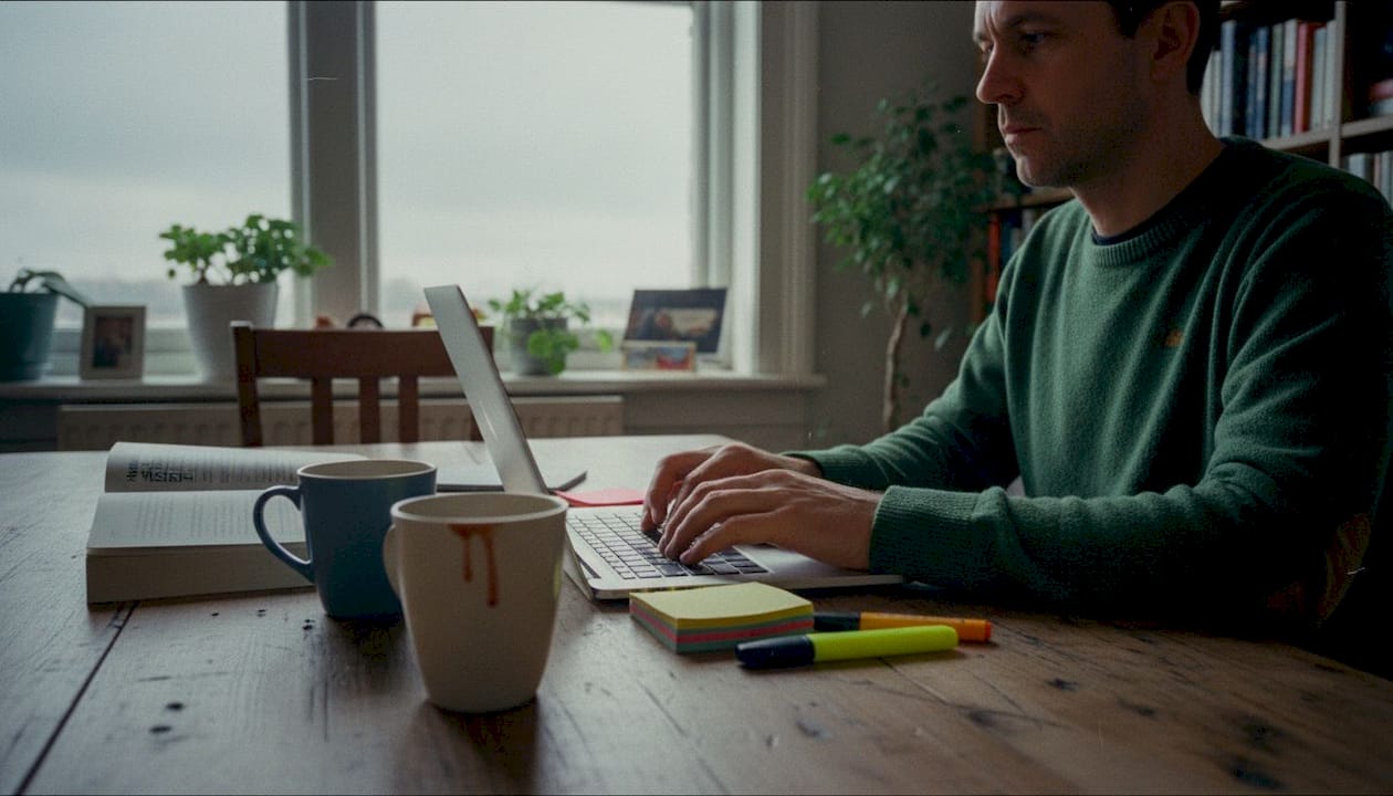 Man researching medicinal mushrooms at home workspace