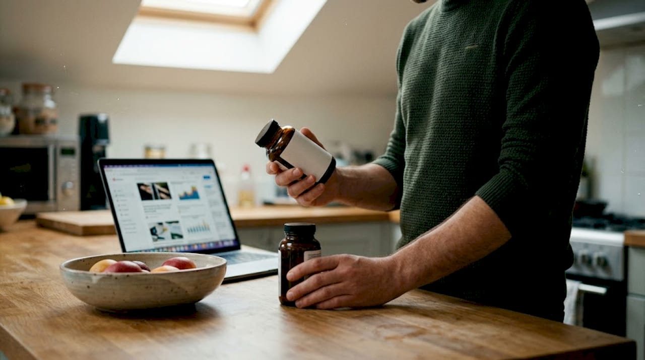 Man checks mushroom supplement labels in kitchen