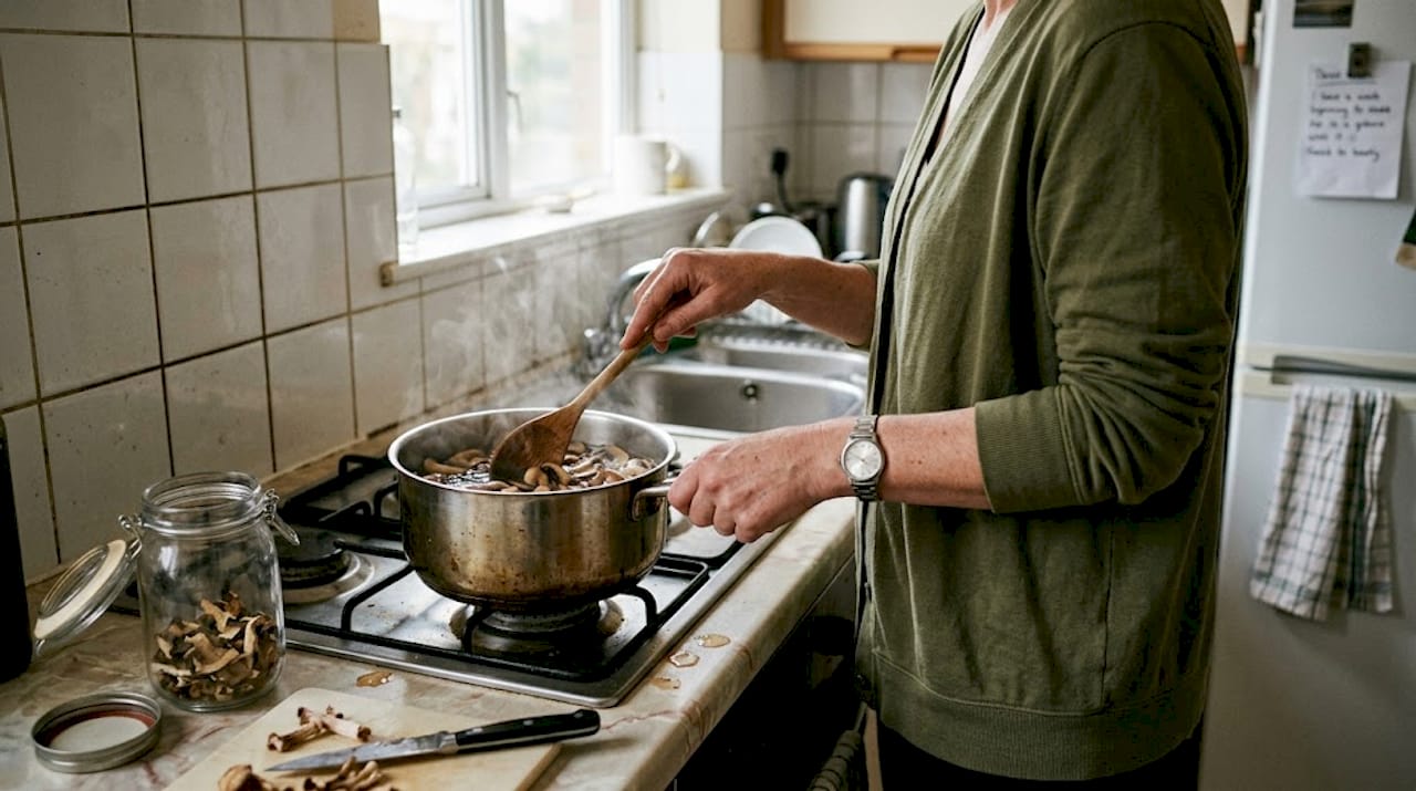 Woman preparing mushroom extract on stove