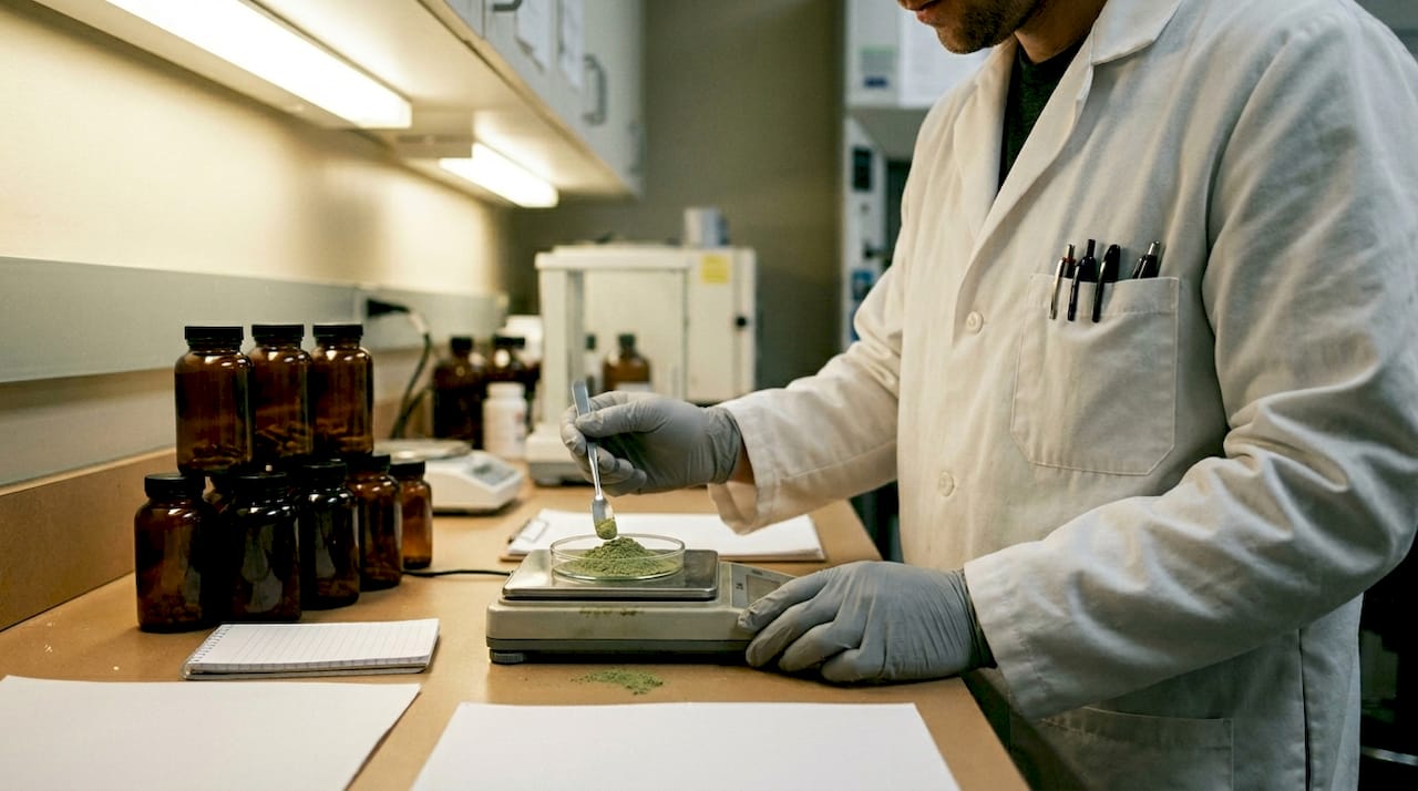 Lab technician analyzing mushroom supplement powder