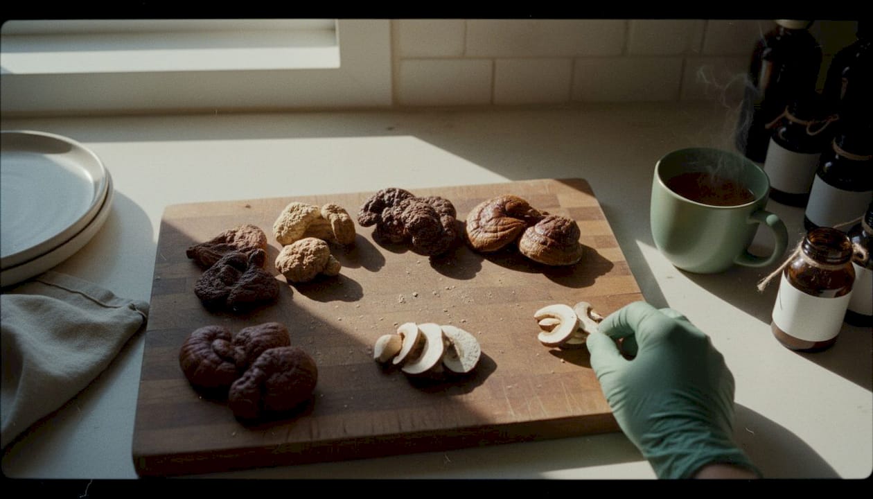 Dried medicinal mushrooms on kitchen board