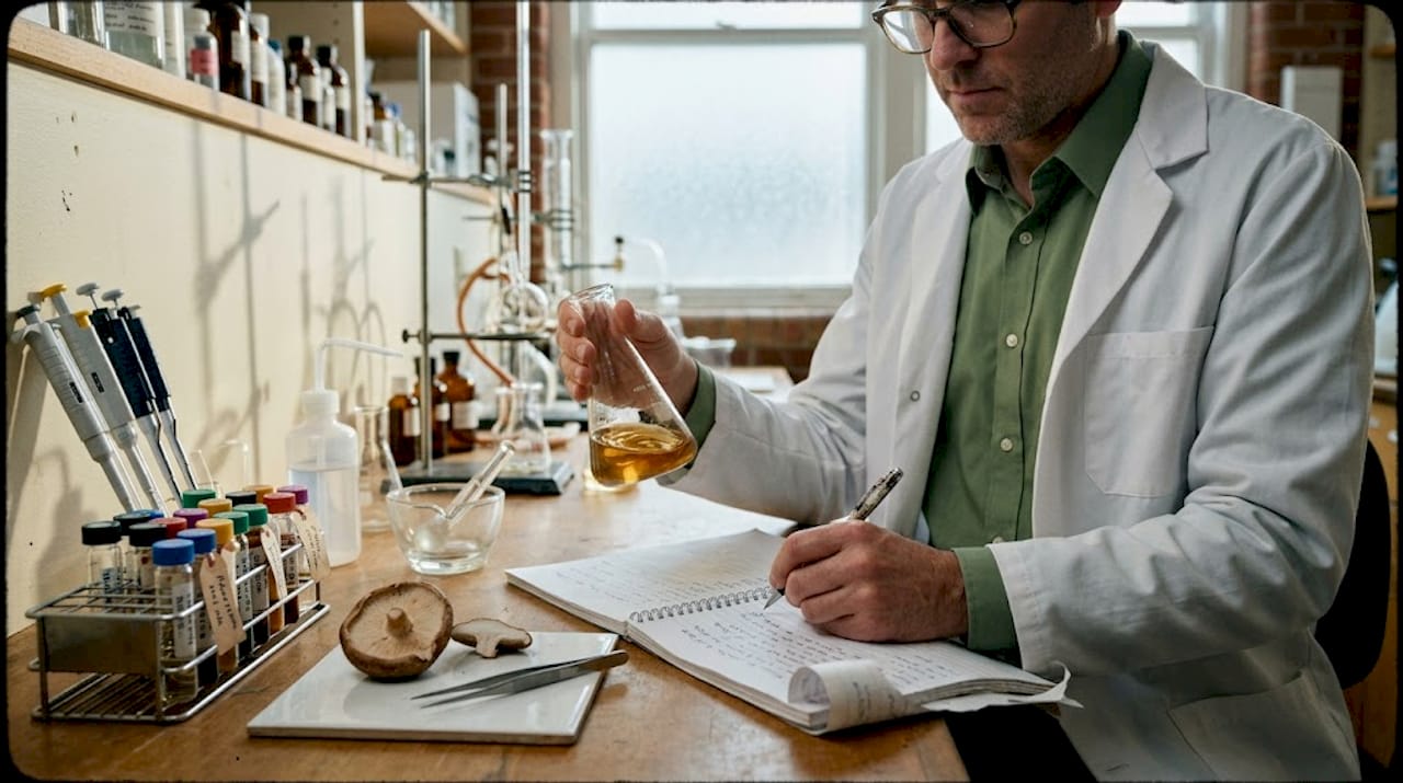 Scientist studying mushroom extracts in laboratory