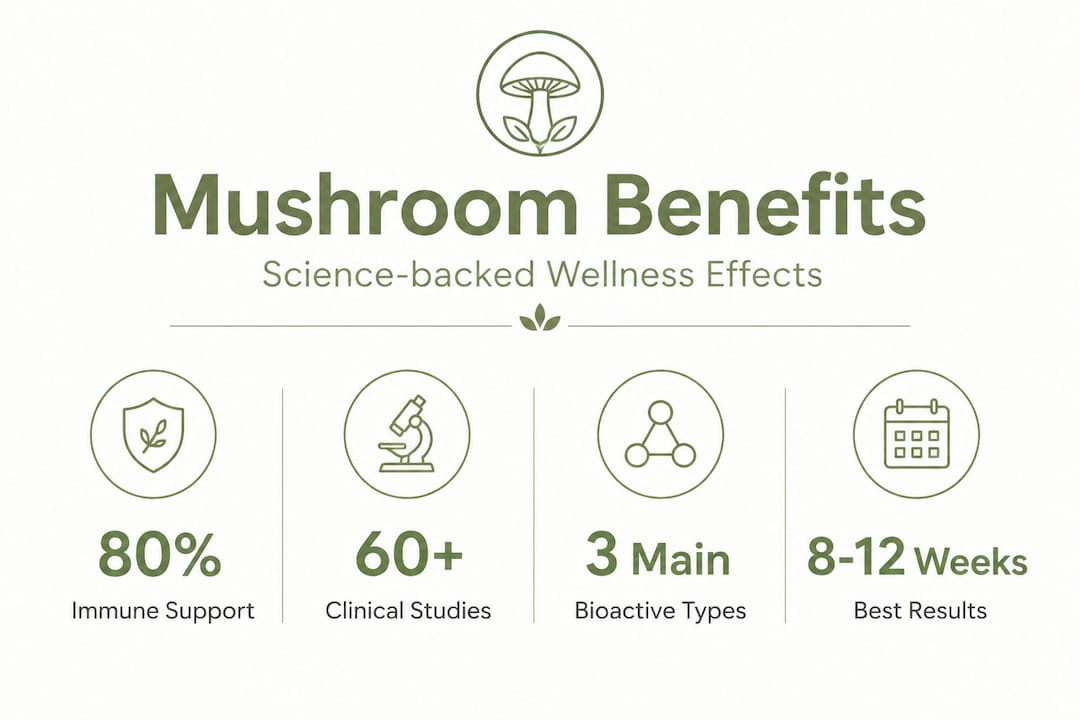 Infographic highlighting therapeutic mushroom benefits and statistics