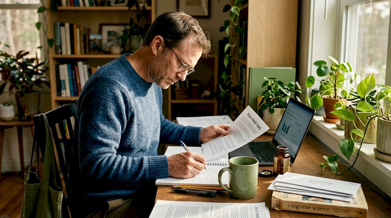 Man reading research papers at home office desk