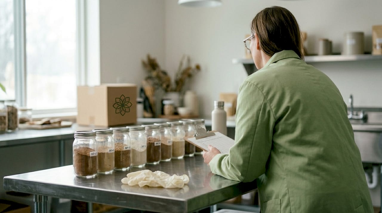Lab technician checking mushroom supplement quality