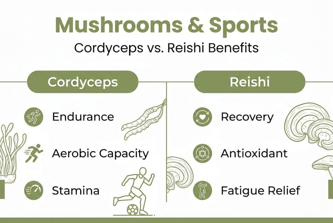Infographic comparing Cordyceps and Reishi mushroom benefits