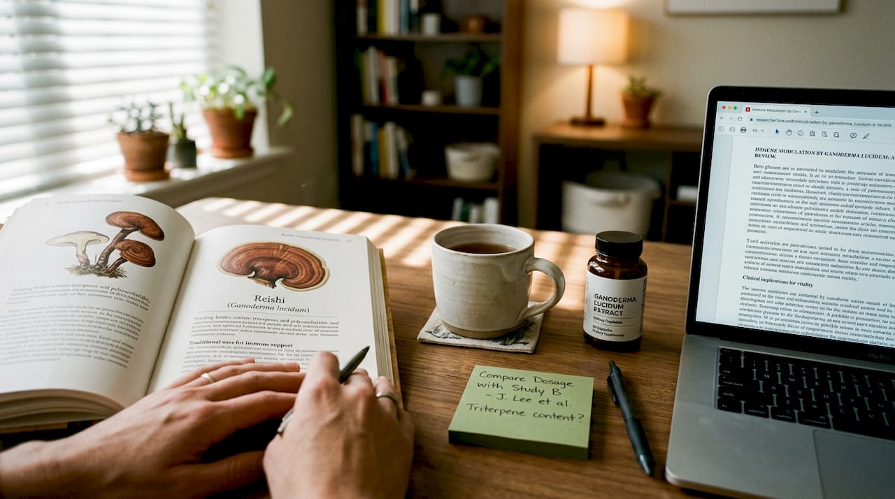 Desk with reishi mushroom supplement and research materials