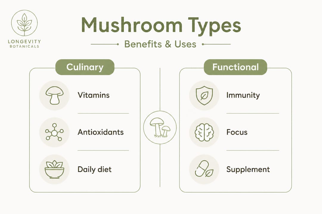 Infographic comparing culinary and functional mushrooms