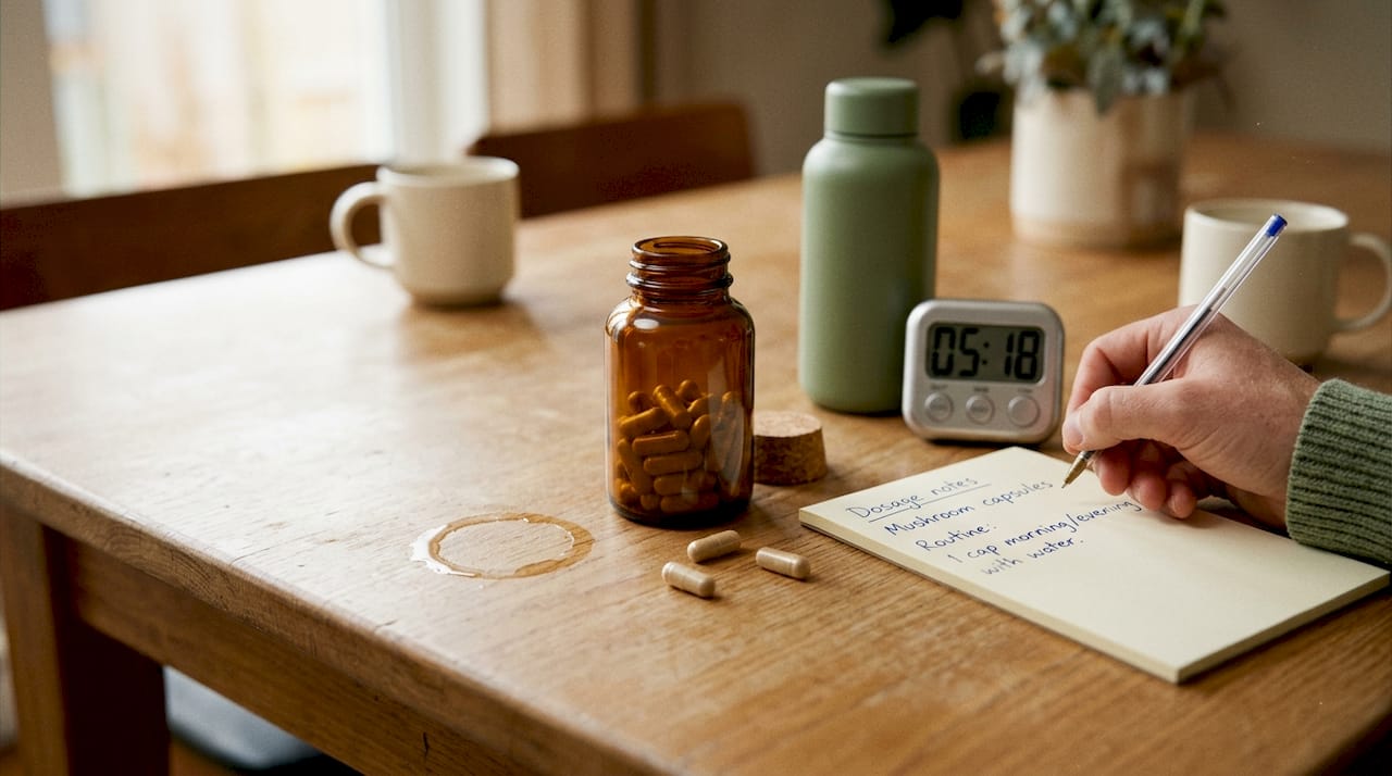 Mushroom supplement bottle with capsules and notepad