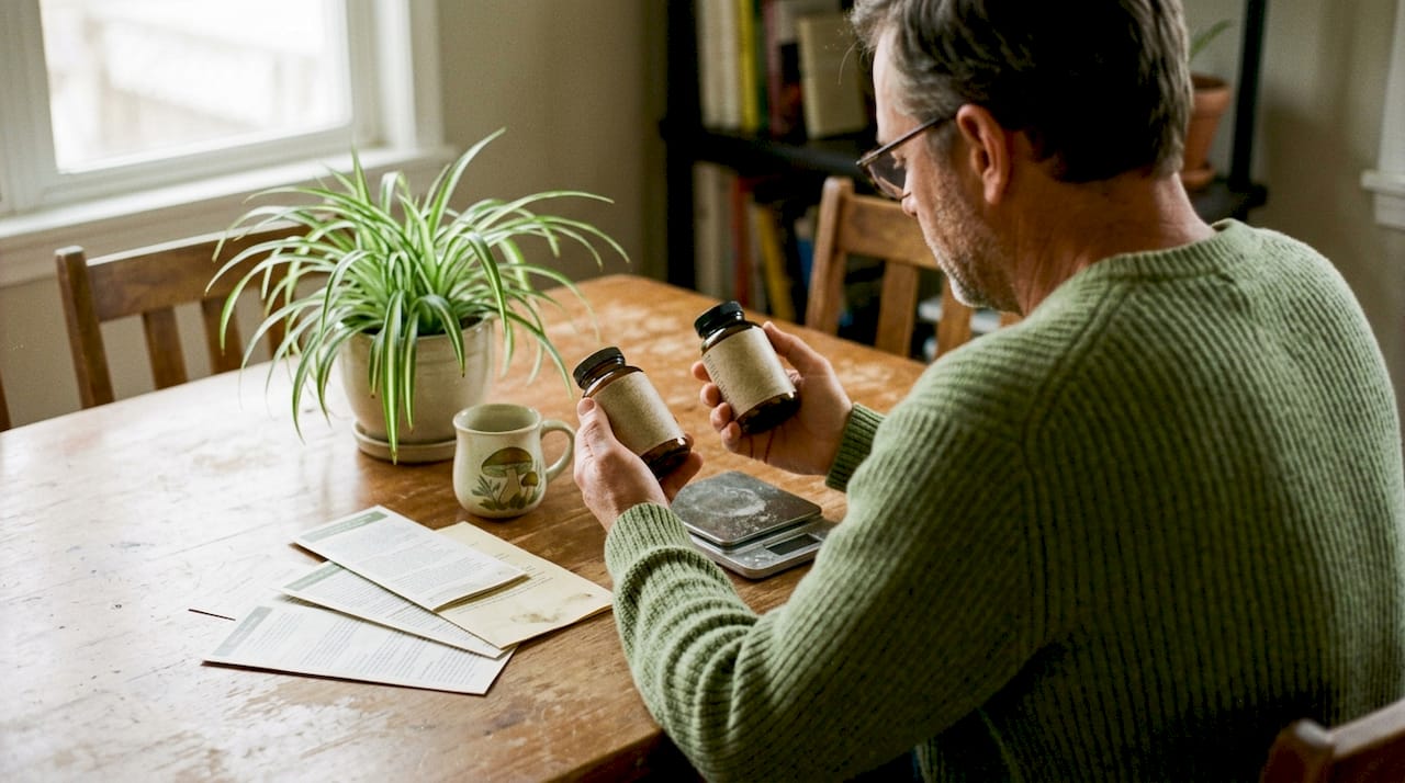 Man comparing two mushroom supplement labels