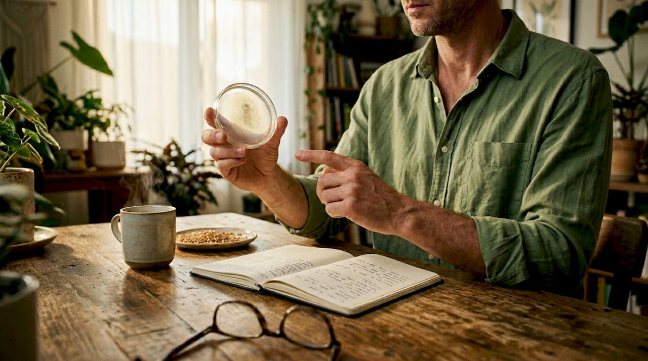 Man analyzing mycelium sample in home workspace