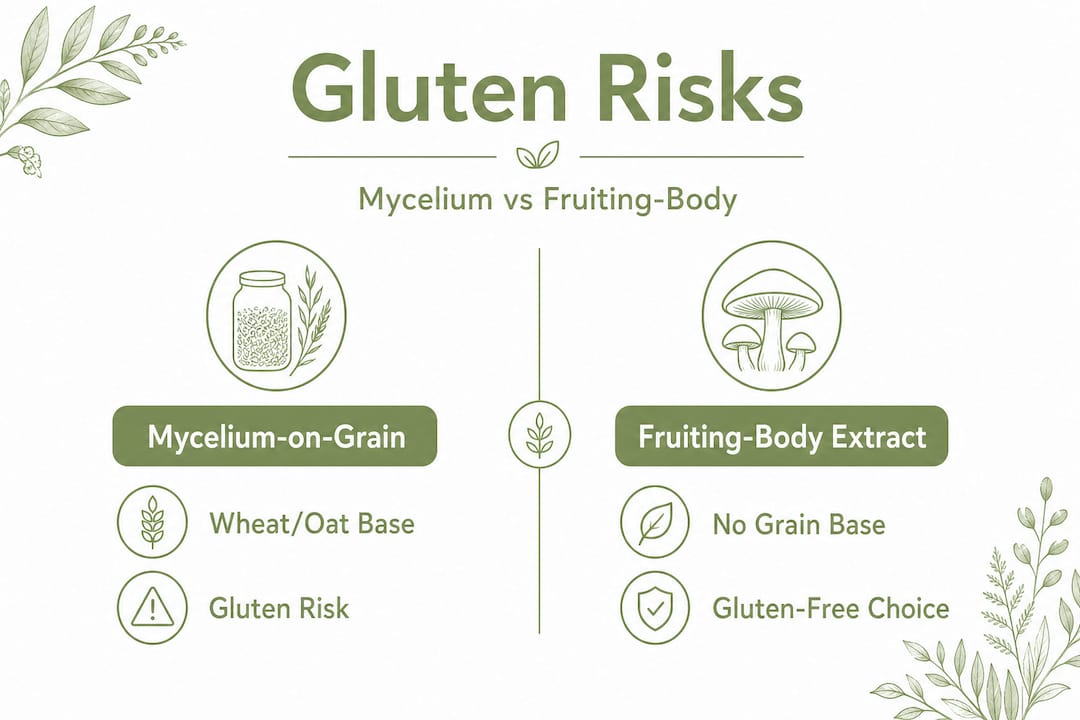 Infographic comparing mycelium and fruiting-body gluten risk