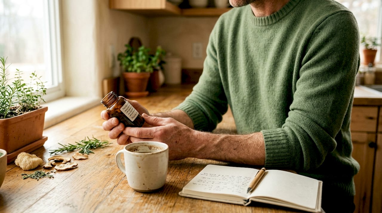 Man studies mushroom extract supplement label