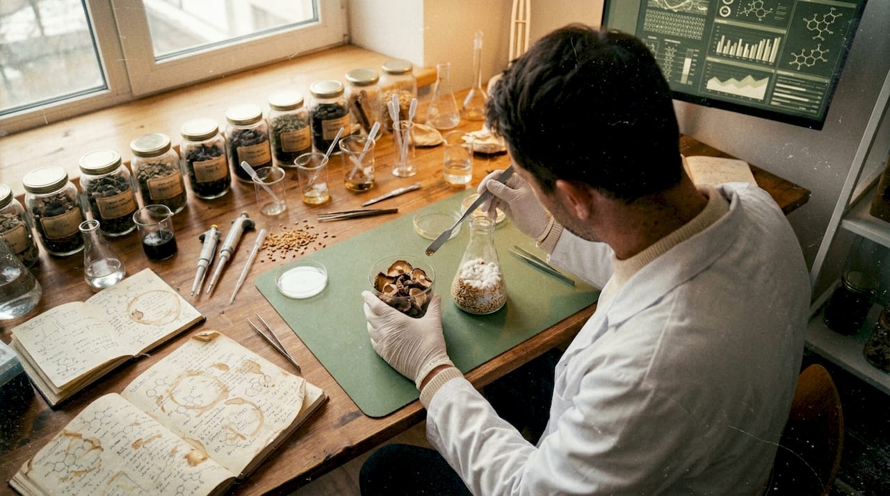 Lab technician comparing mushroom extracts