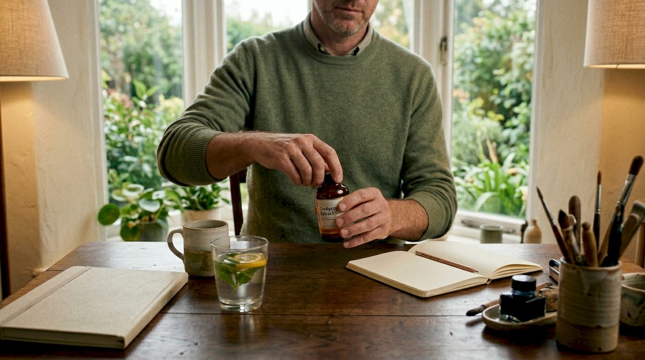 Man using cordyceps supplement at dining table