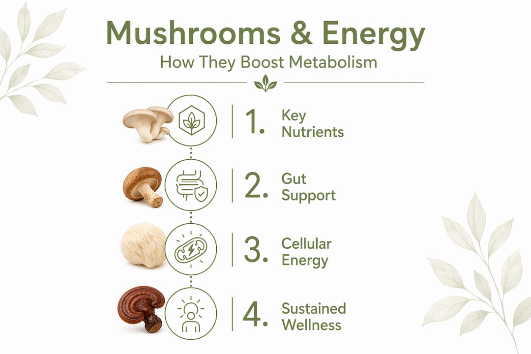 Vertical flow infographic of mushroom energy metabolism steps