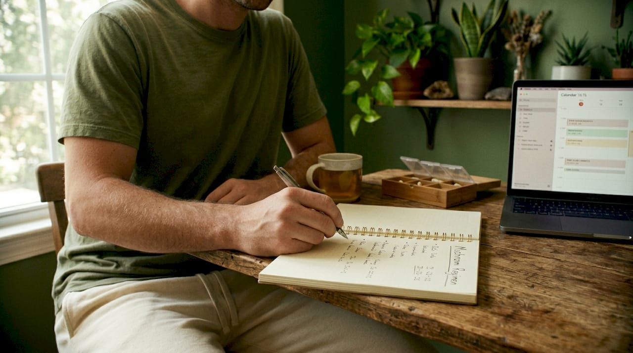 Man planning mushroom regimen with logbook