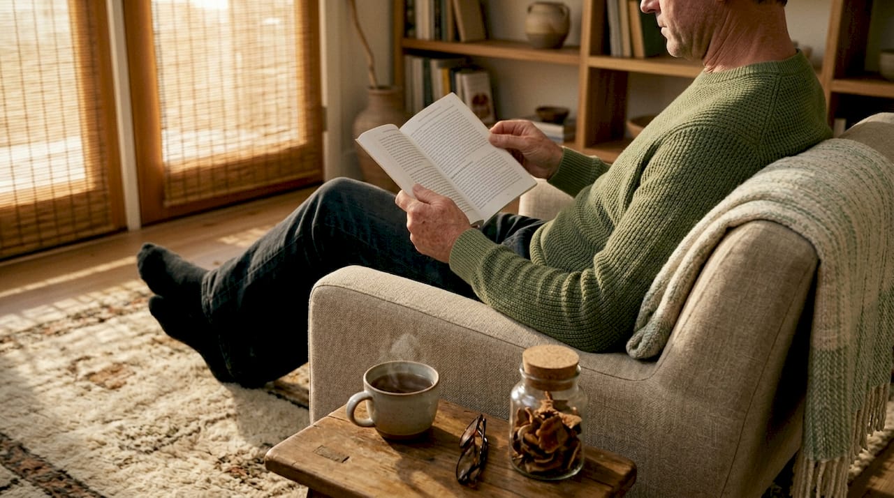 Man reading about reishi mushroom in living room