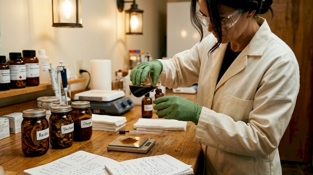 Lab worker pours mushroom extract into small vial