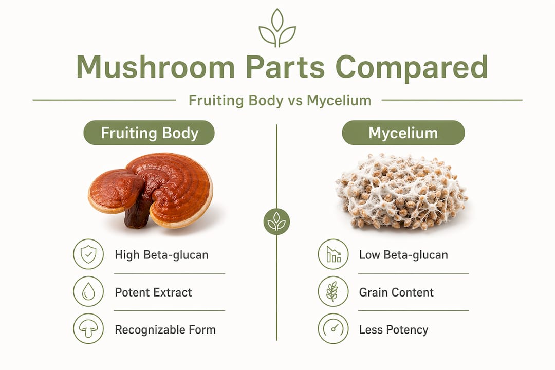 Infographic comparing fruiting body and mycelium mushroom parts