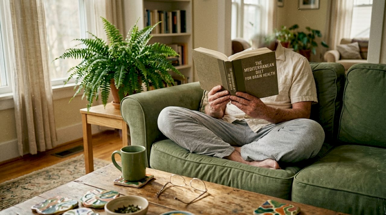 Man reading brain health diet book at home