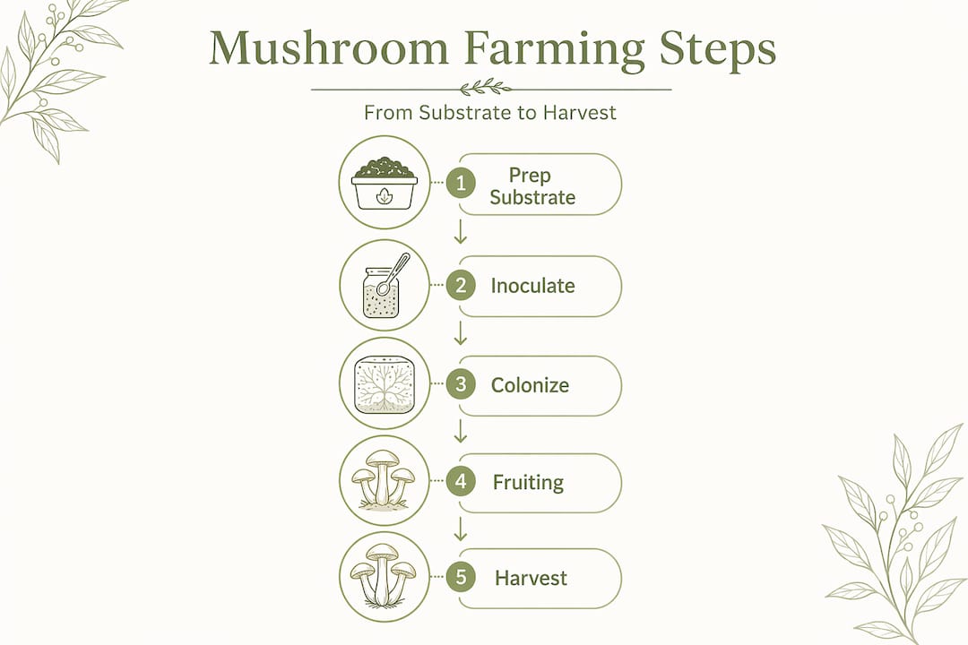 Infographic mushroom farming step-by-step flow