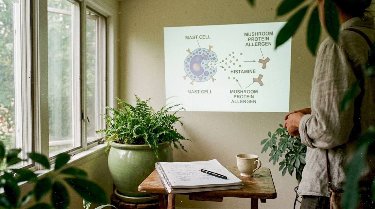 Illustration of immune system reacting to mushroom proteins