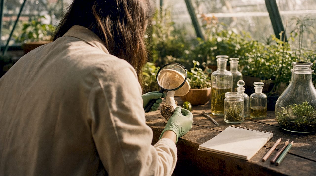 Scientist inspecting mushroom specimen in lab