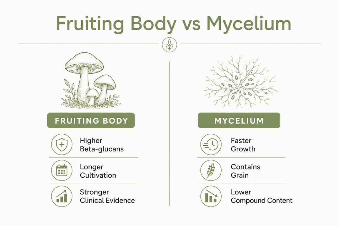 Infographic comparing fruiting body and mycelium supplements