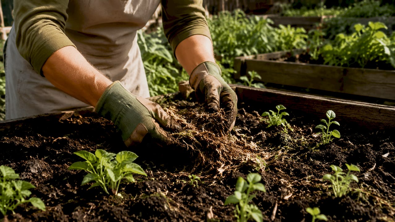Hands mixing spent mushroom substrate into soil