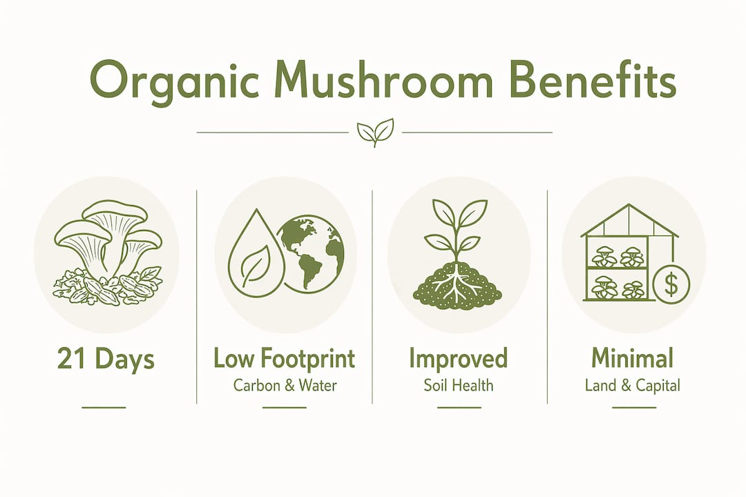 Infographic with key benefits of organic mushroom farming
