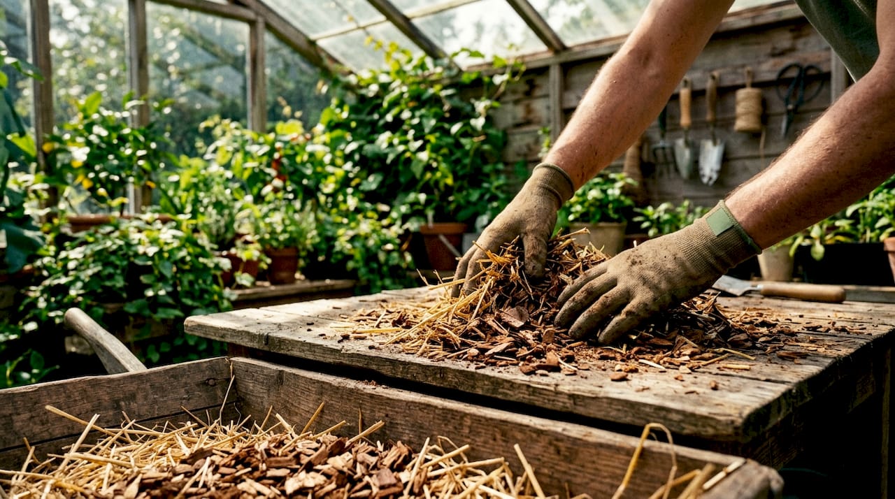 Hands preparing mushroom substrate mix