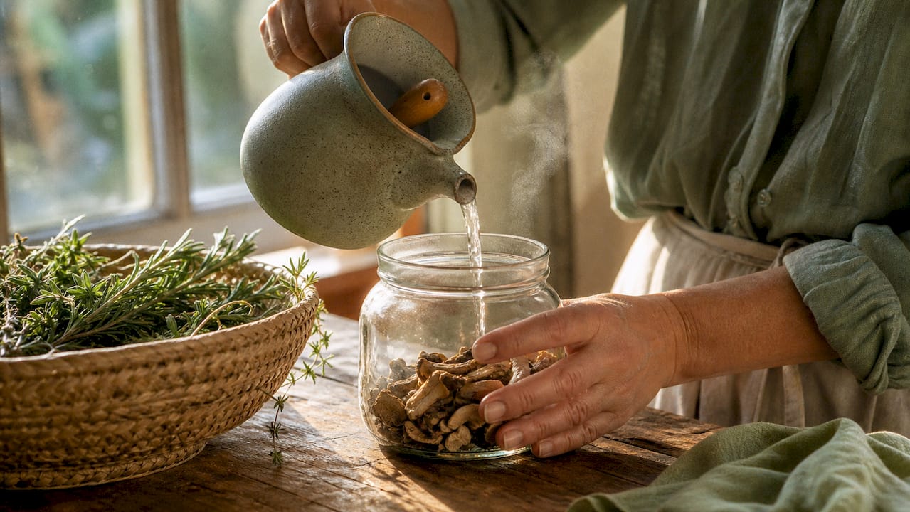 Hands pouring hot water over dried mushrooms