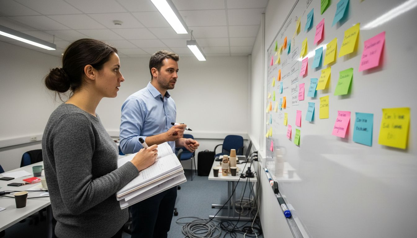 Des membres d’une PME échangent des idées autour d’un tableau blanc lors d’une réunion collaborative.