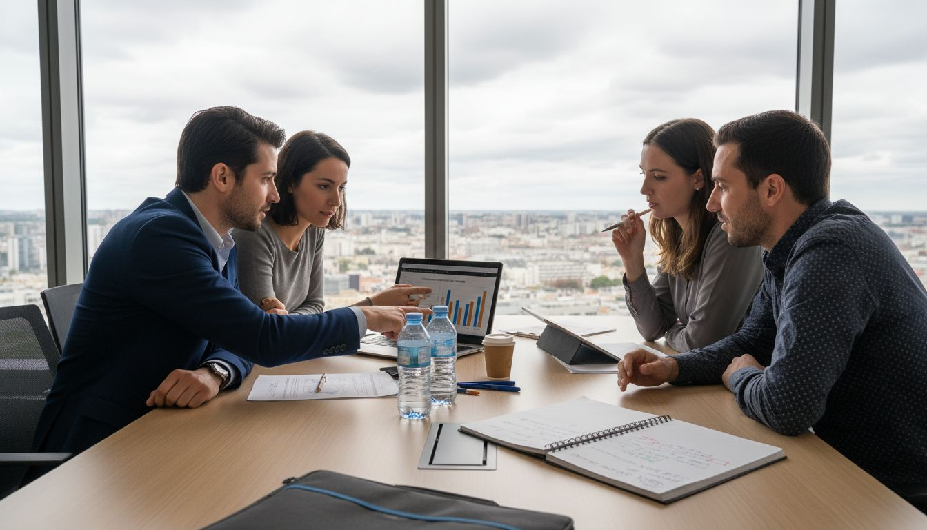 Autour d’une table, l’équipe échange sur les objectifs digitaux à atteindre.