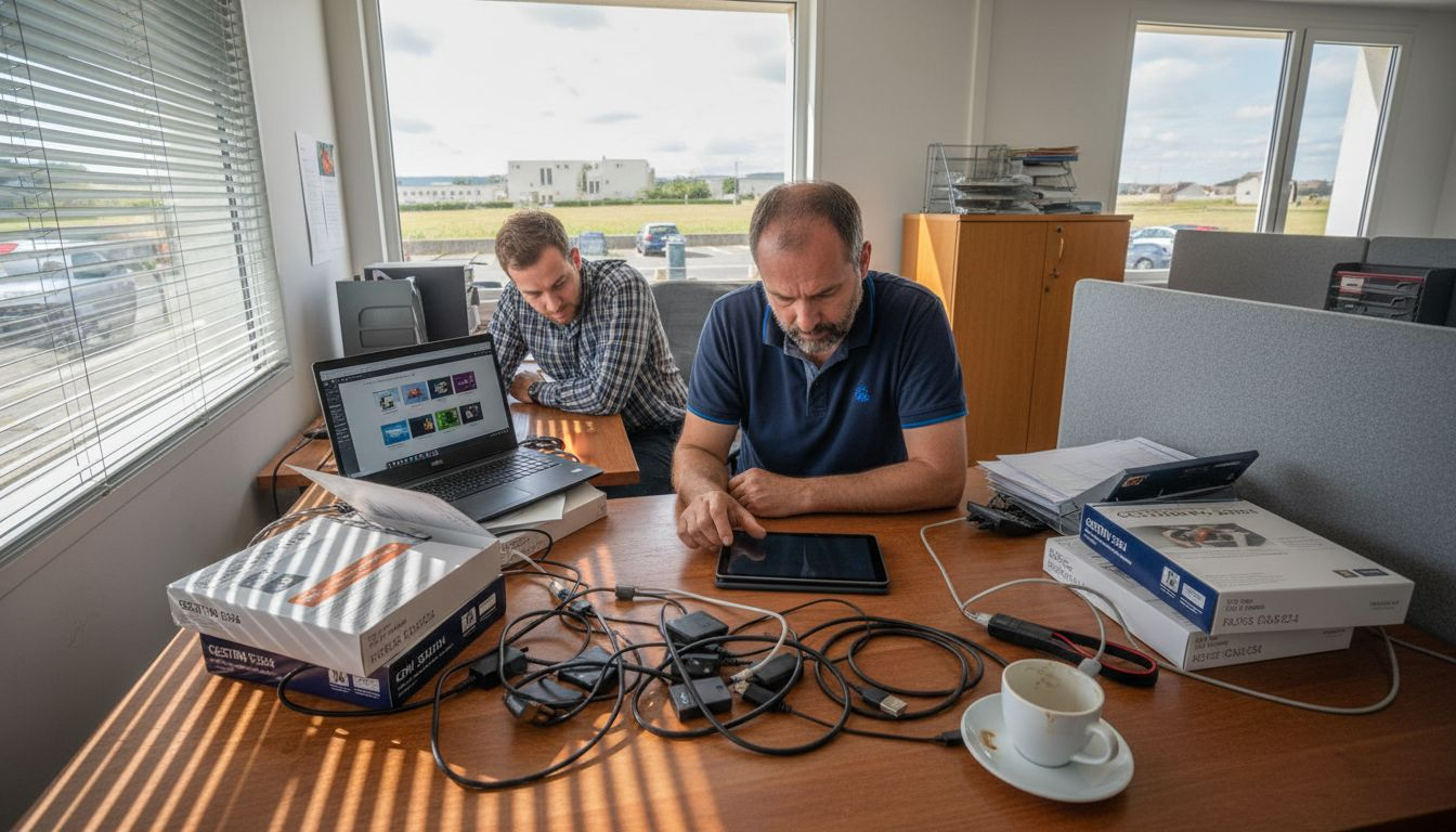 Gestion projet transformation digitale pour TPE/PME efficace 1 Un responsable de PME en pleine évaluation des outils digitaux dans son bureau.