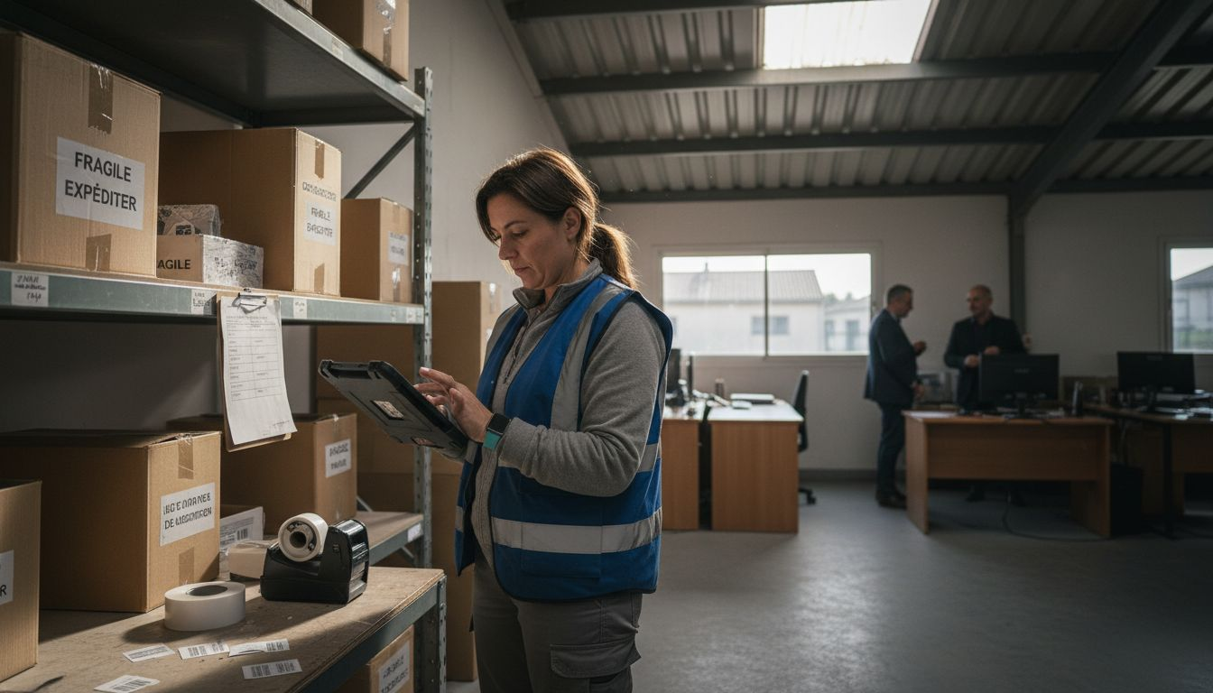 Un employé optimise la gestion logistique de l’entrepôt grâce à des outils numériques.