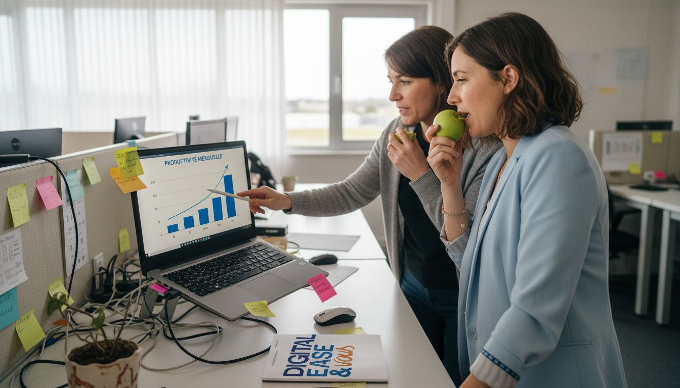 Bénéfices digitalisation PME 2026 : +20% productivité garantie 1 Des collaboratrices d’une PME étudient ensemble un graphique sur l’évolution de la productivité.