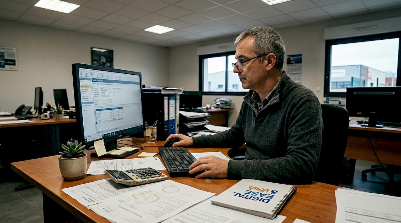 Expert-comptable travaillant avec un logiciel de gestion comptable dans une petite entreprise