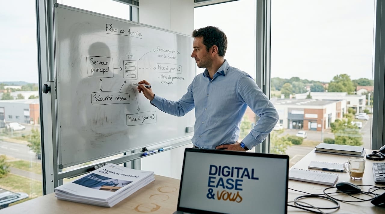 Le responsable informatique examine les schémas des processus d’intelligence artificielle pour s’assurer de leur bon fonctionnement.