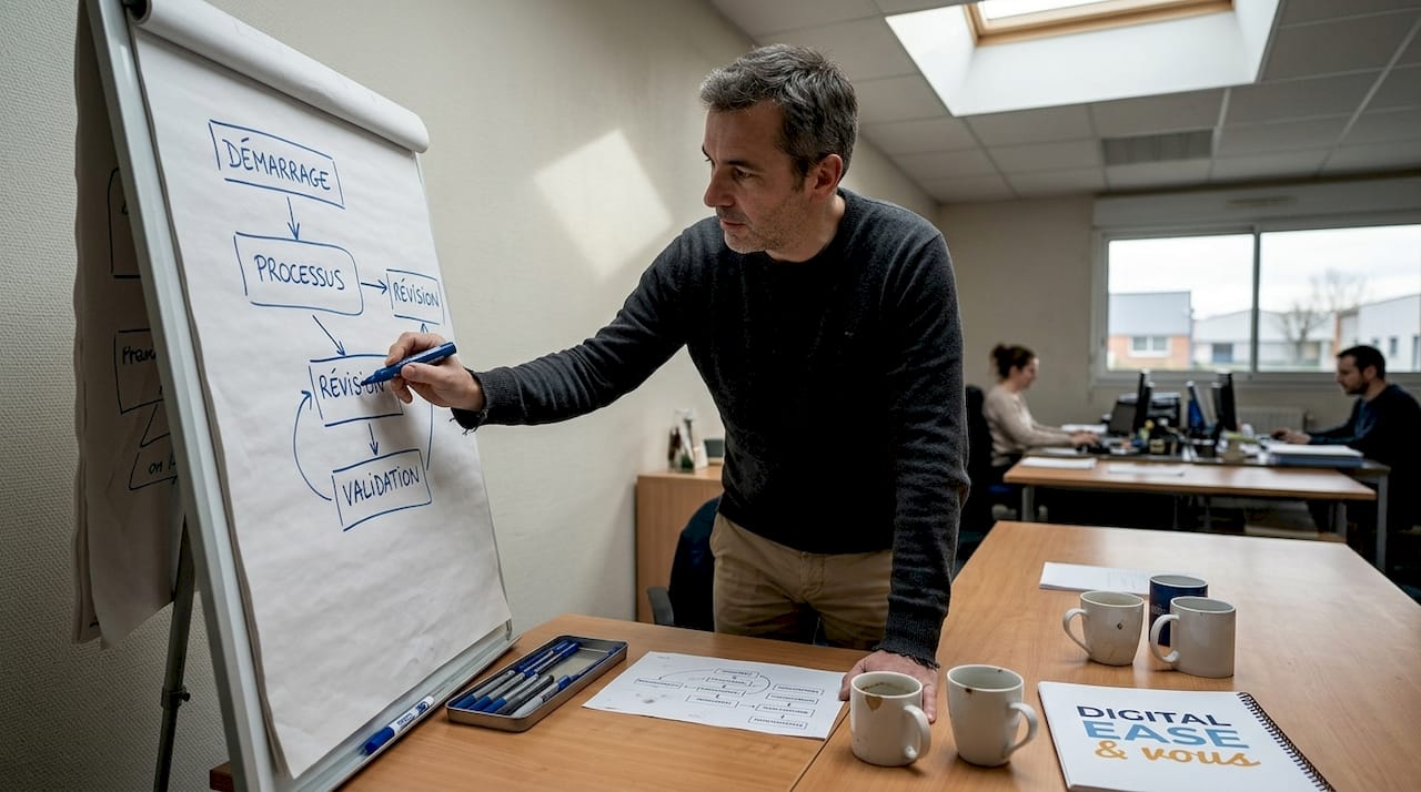 Un manager en train d’élaborer les étapes d’un processus sur un paperboard