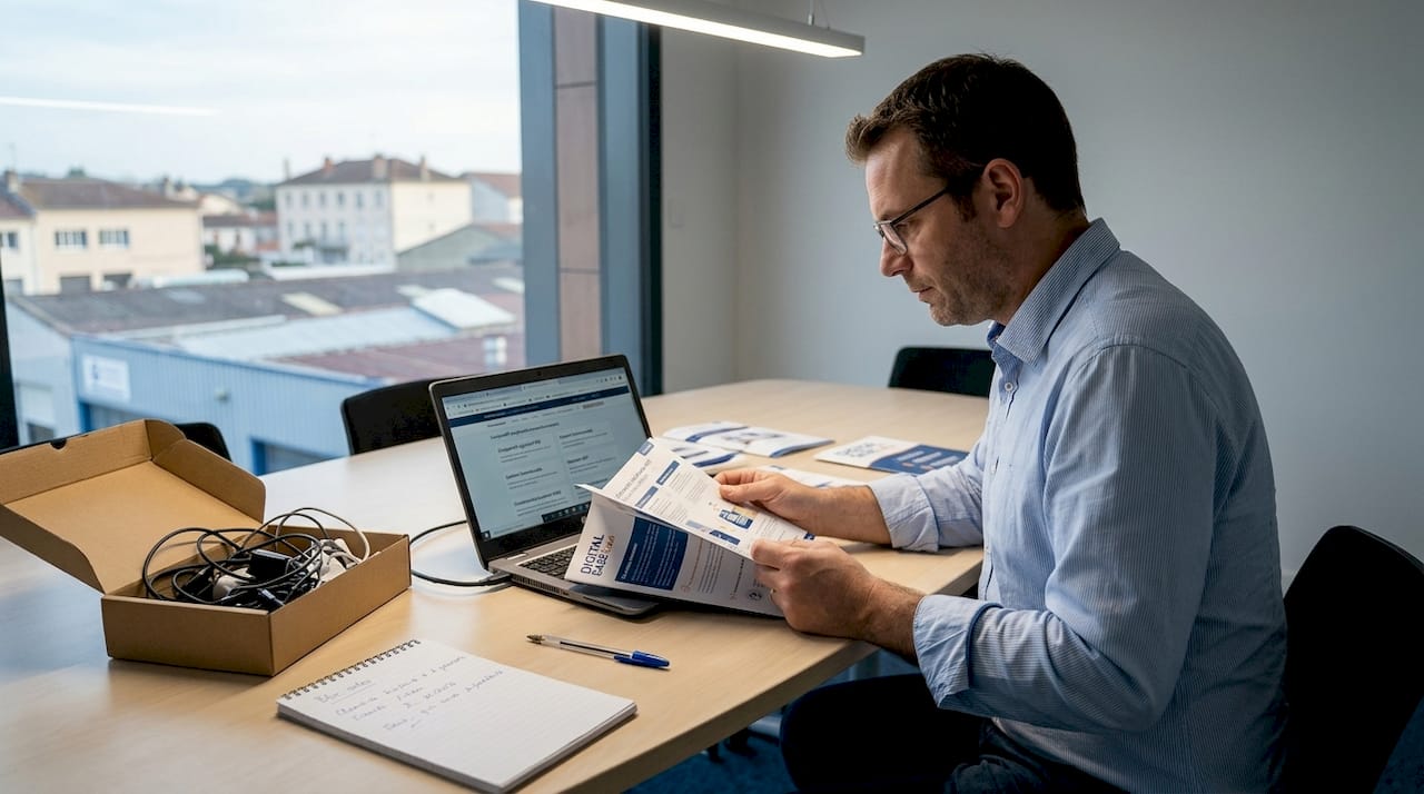 Un professionnel en train d’examiner des brochures logicielles tout en consultant son ordinateur portable.