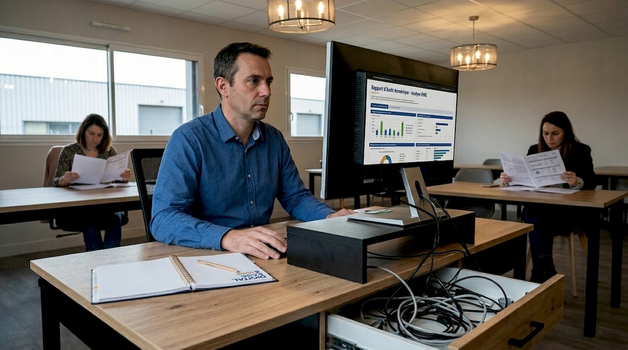 Un chef d’entreprise de PME en pleine lecture de son audit digital