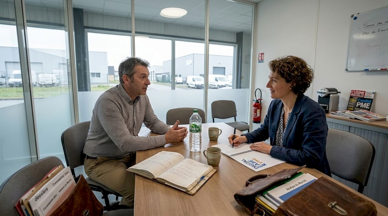 Consultante spécialisée dans l’accompagnement digital des PME, échangeant avec les dirigeants sur le diagnostic de leur transformation numérique.