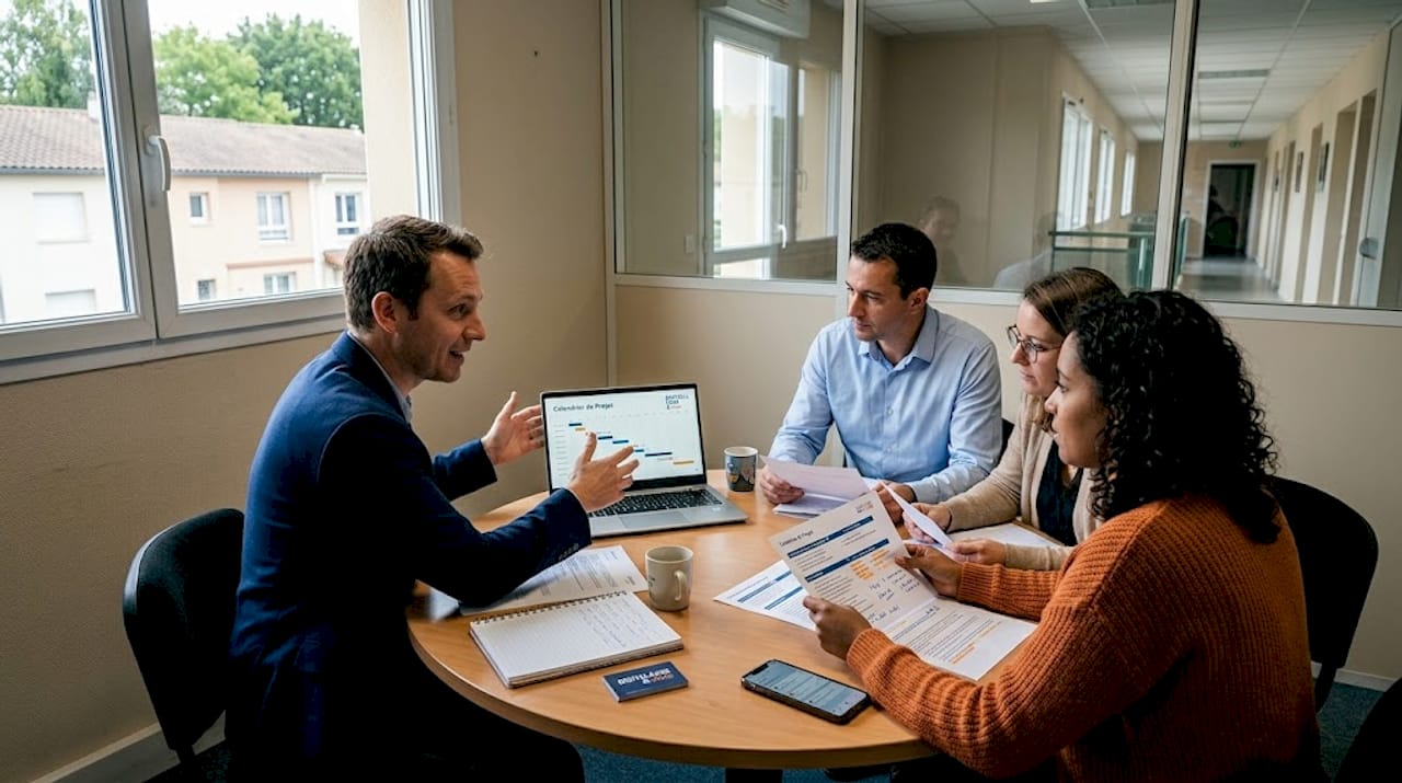 Des collègues échangent autour des actions rapides à mettre en place lors d’une réunion de projet.