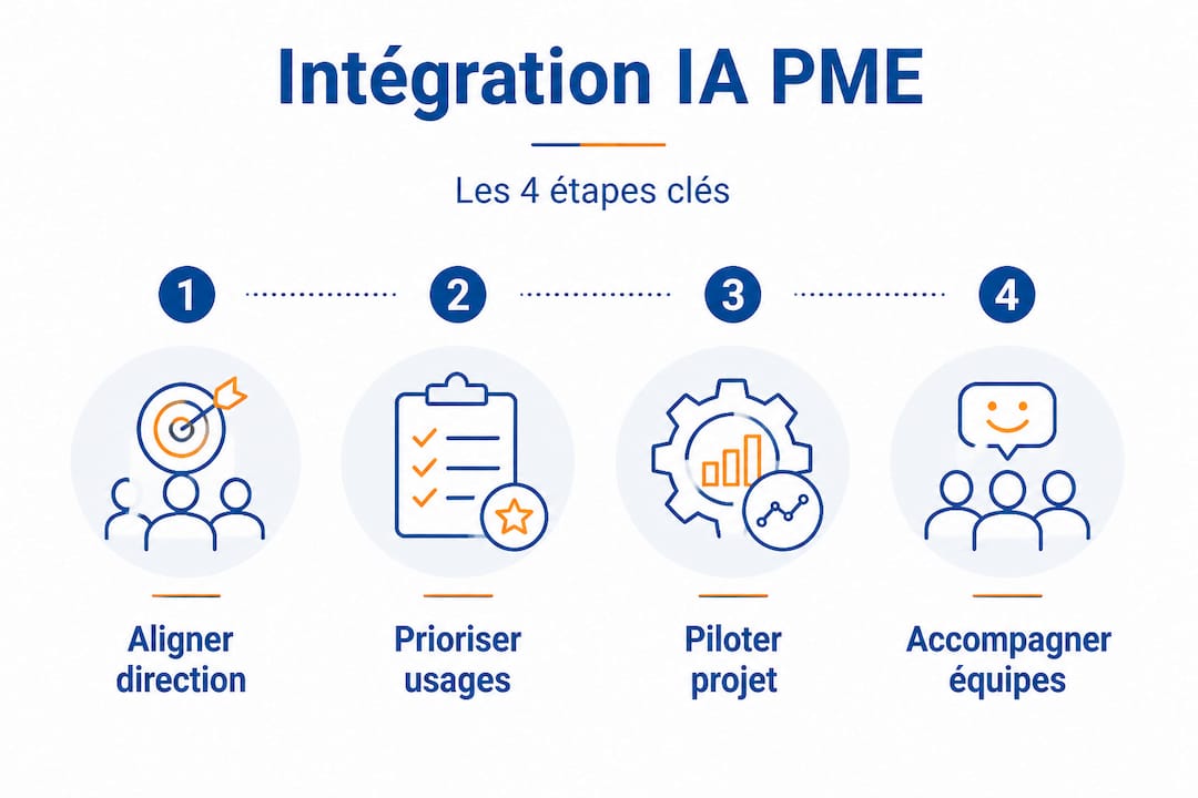Les différentes étapes pour intégrer l’intelligence artificielle dans une PME, présentées sous forme de processus vertical.